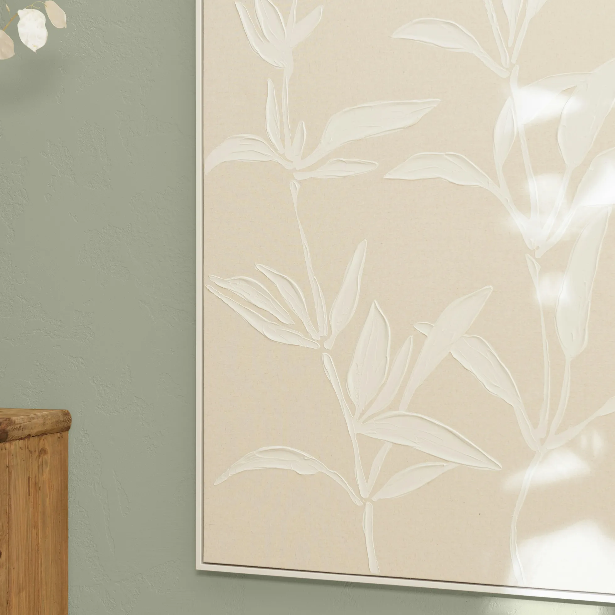 Tableau lin beige fleurs de platre 83 x 123 cm