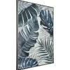 Tableau nature feuilles exotiques tons bleus cadre argent