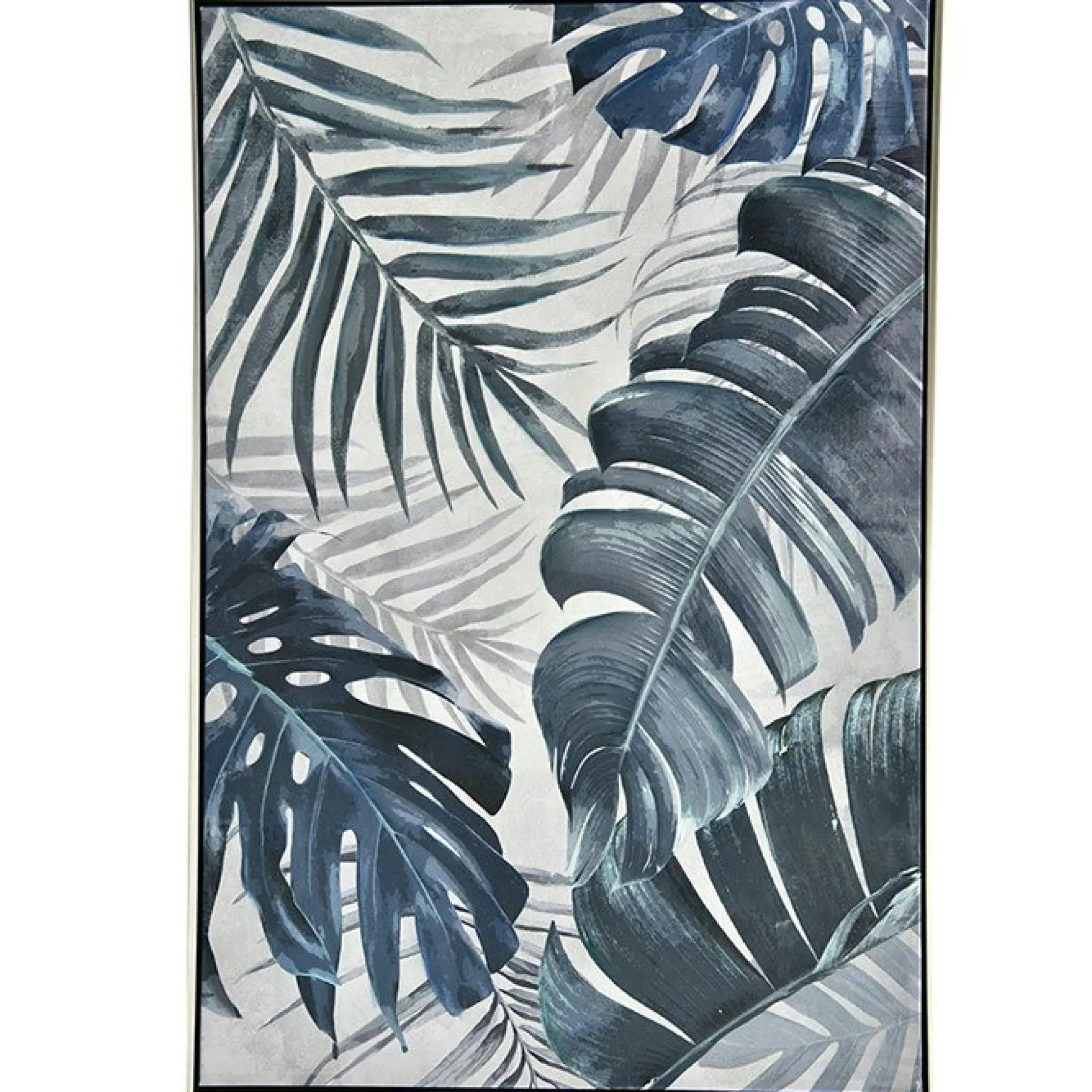 Tableau nature feuilles exotiques tons bleus cadre argent