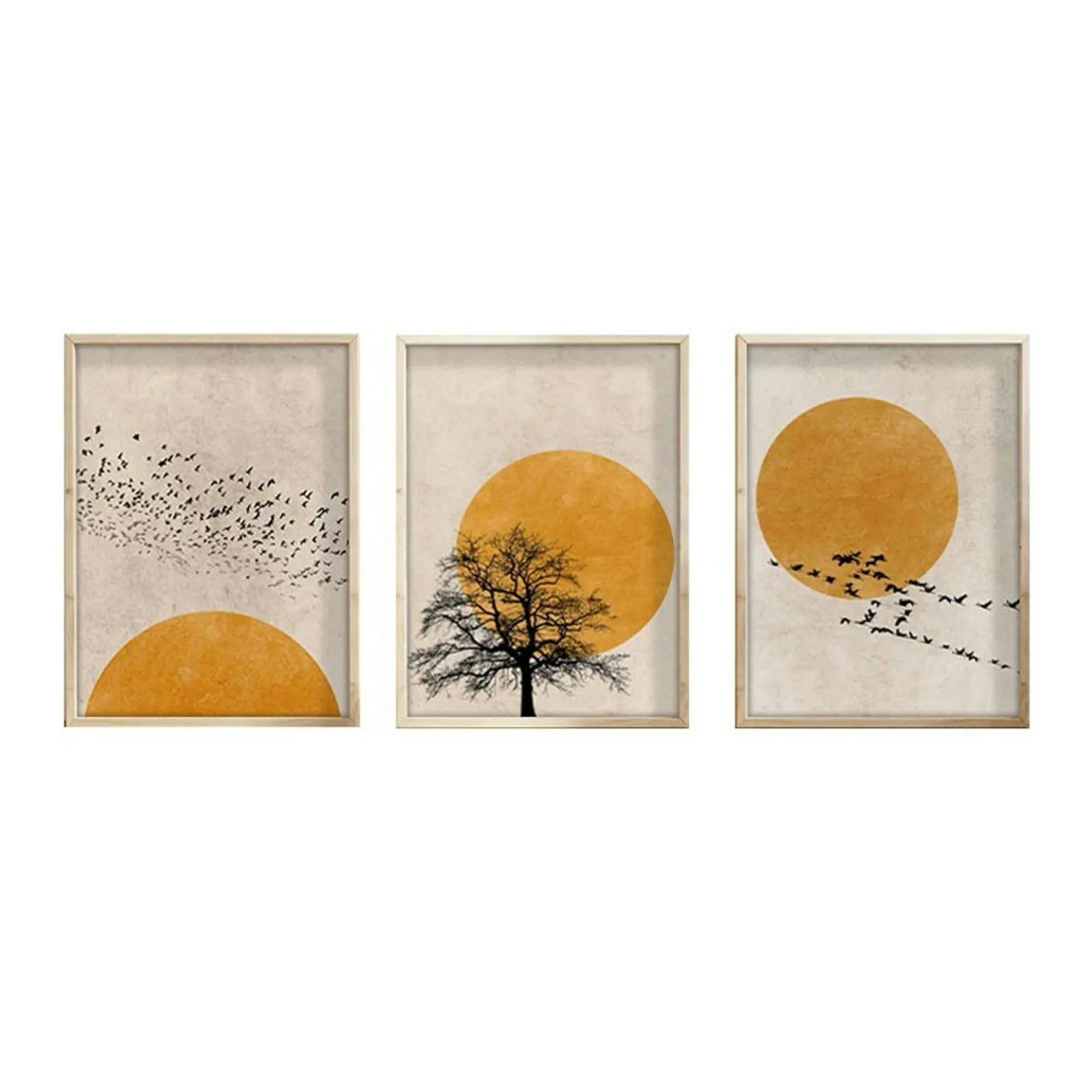 Tableau nature stylisée – soleil et oiseaux (lot de 3)