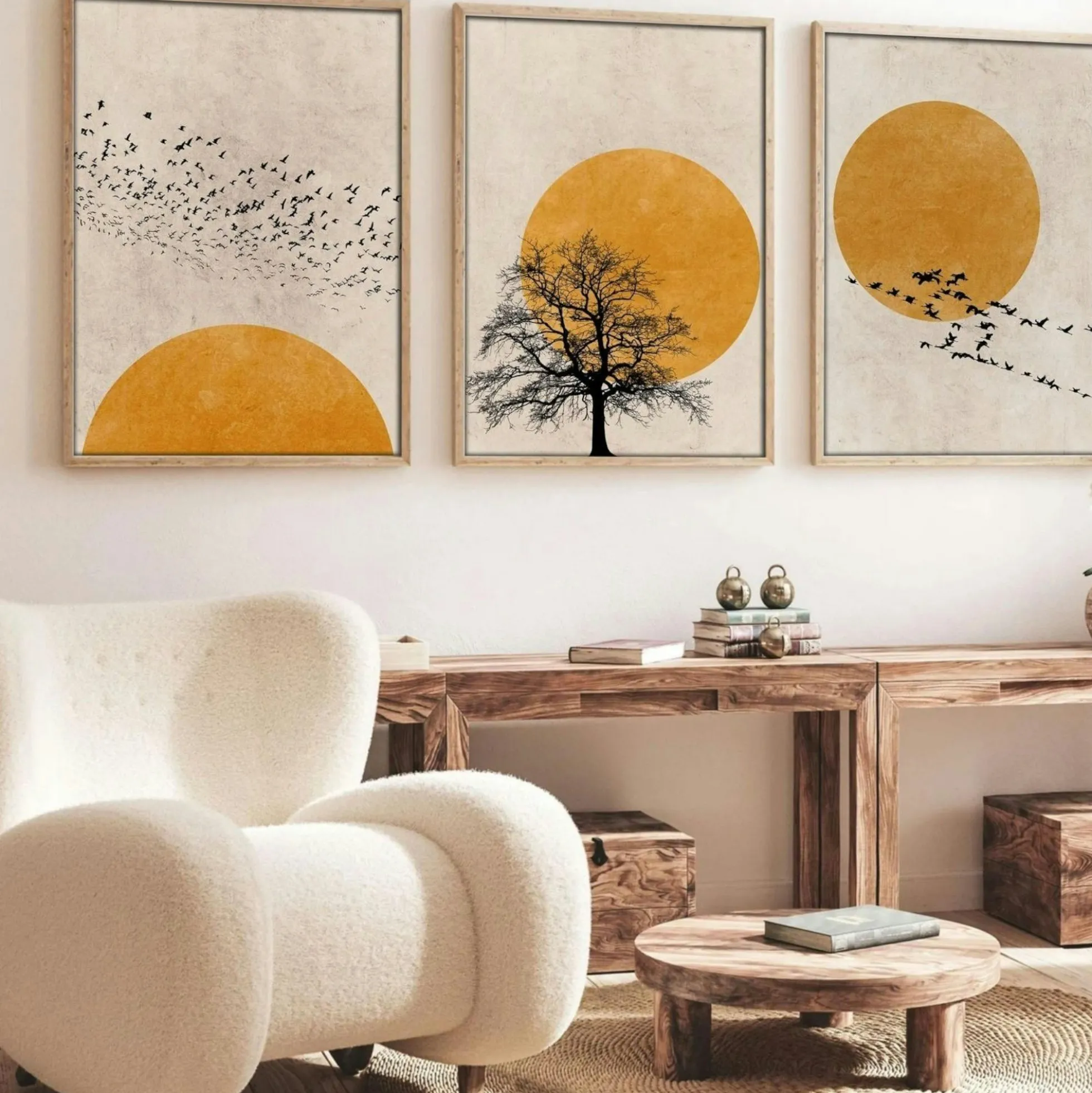 Tableau nature stylisée – soleil et oiseaux (lot de 3)