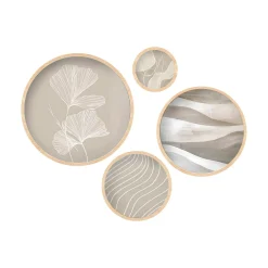 Tableau rond zen beige et bois – nature abstraite (set de 4)