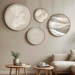 Tableau rond zen beige et bois – nature abstraite (set de 4)
