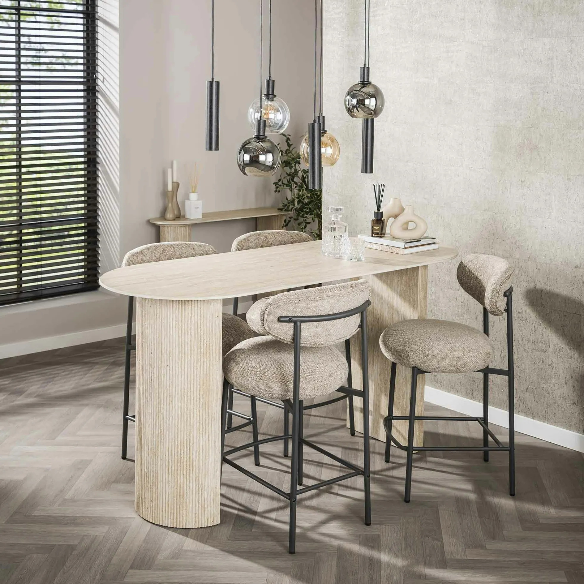 Table bar céramique effet travertin, pieds colonne 180 cm ASCOLI