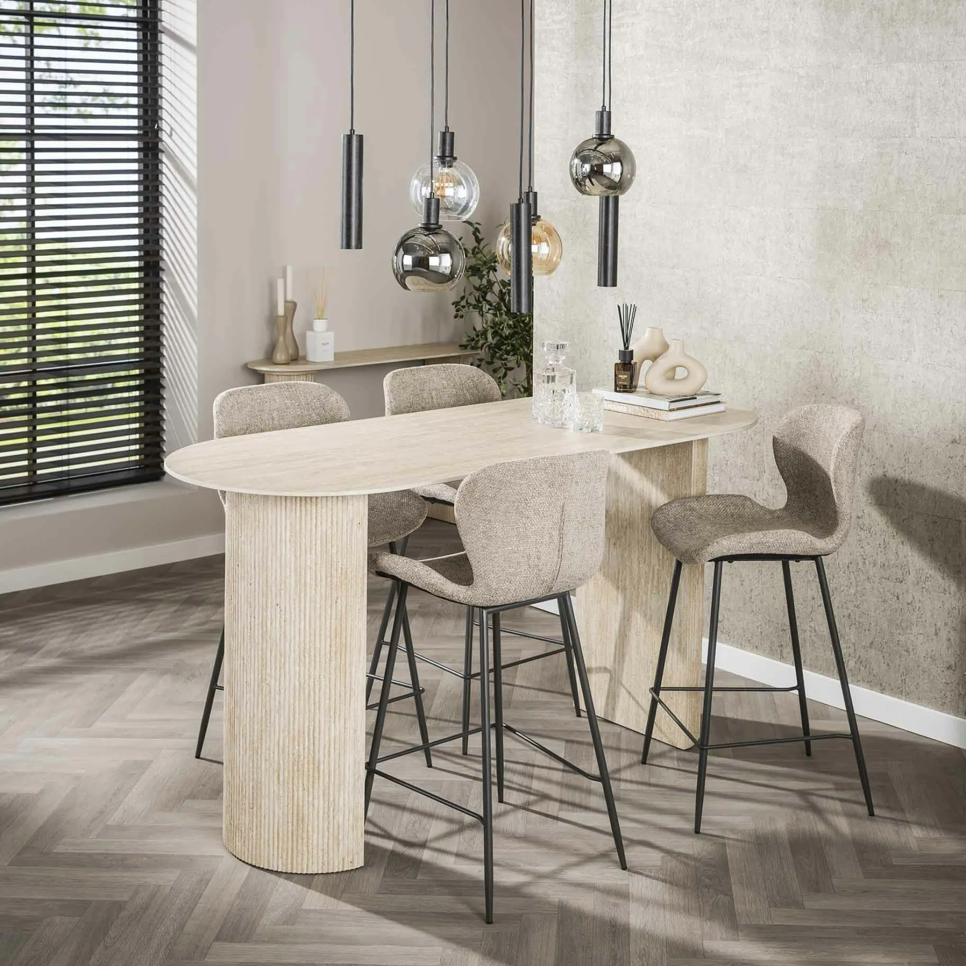 Table bar céramique effet travertin, pieds colonne 180 cm ASCOLI