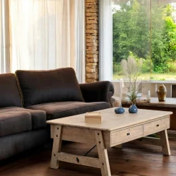 Table basse avec rangement bois recyclé clair tréteaux SALERNE