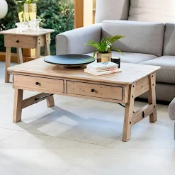 Table basse avec rangement bois recyclé clair tréteaux SALERNE