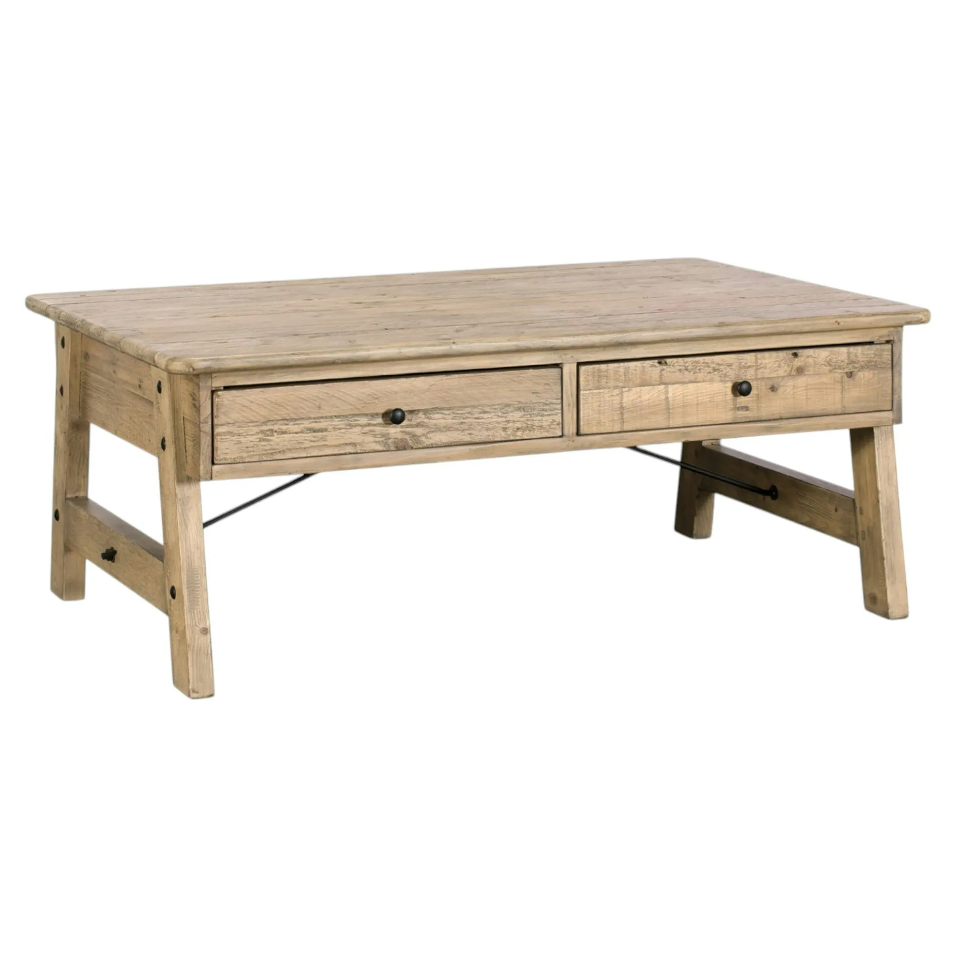 Table basse avec rangement bois recyclé clair tréteaux SALERNE