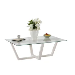 Table basse blanche design - verre trempé, pied croisé LHASA