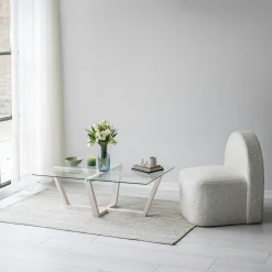 Table basse blanche design - verre trempé, pied croisé LHASA