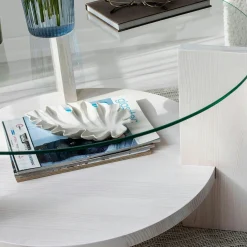 Table basse blanche ronde - verre et bois, 2 plateaux ANZIO
