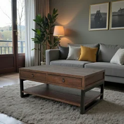 Table basse bois brun recyclé double plateau 2 tiroirs SAMOA