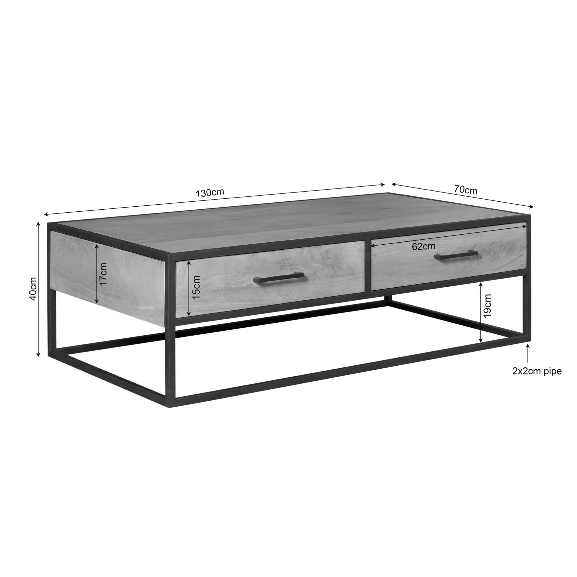 Table basse bois clair métal noir 4 tiroirs RIVANO