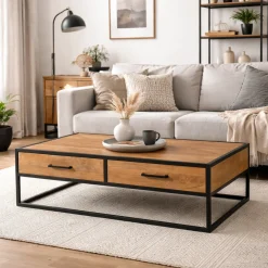 Table basse bois clair métal noir 4 tiroirs RIVANO