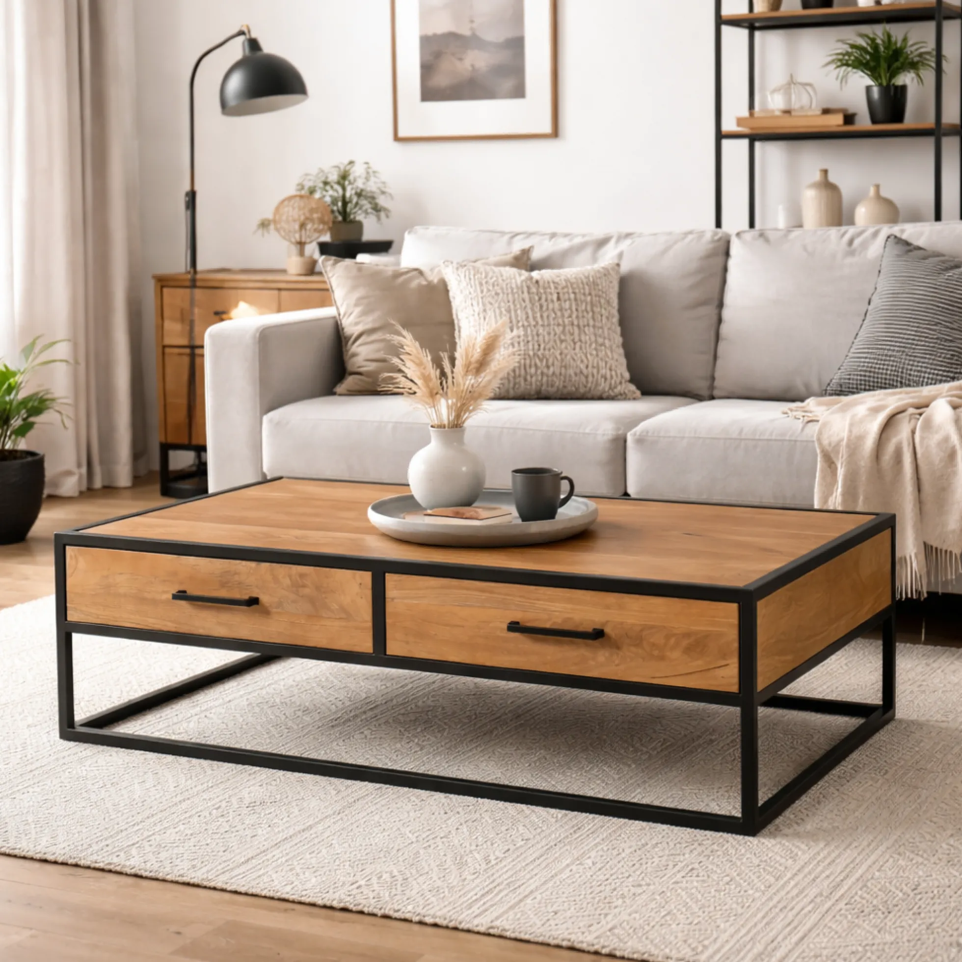 Table basse bois clair métal noir 4 tiroirs RIVANO