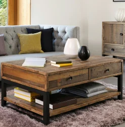 Table basse bois recyclé double plateau 2 tiroirs BRISBANE