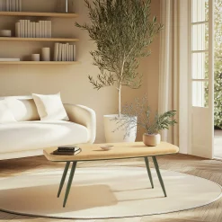 Table basse bords arrondis pin et métal vert 100 cm BAGAN