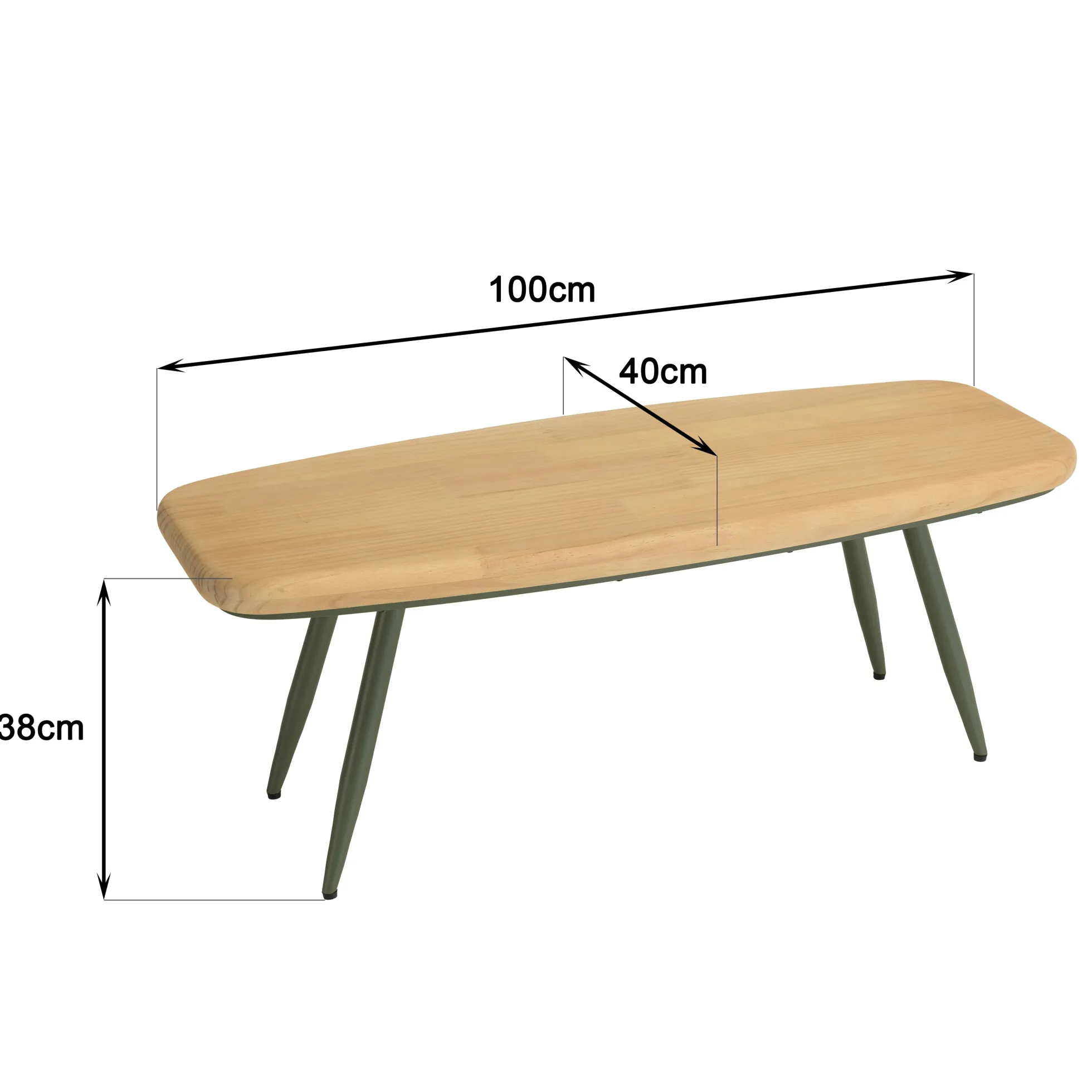 Table basse bords arrondis pin et métal vert 100 cm BAGAN
