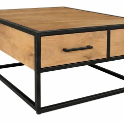 Table basse carrée bois clair métal noir 4 tiroirs RIVANO