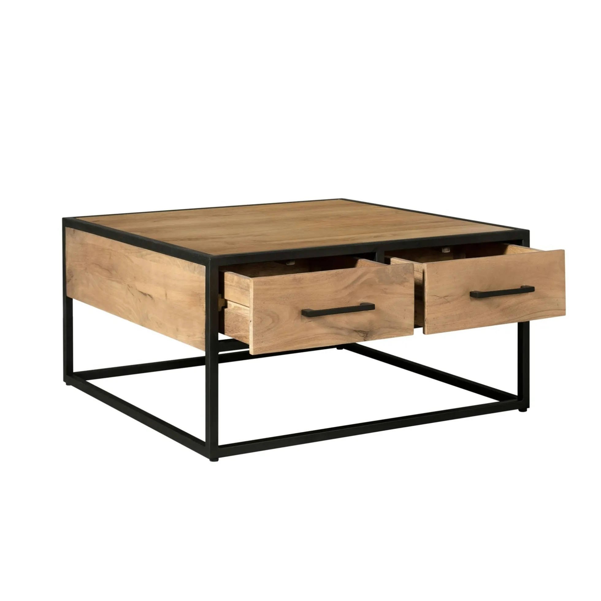 Table basse carrée bois clair métal noir 4 tiroirs RIVANO