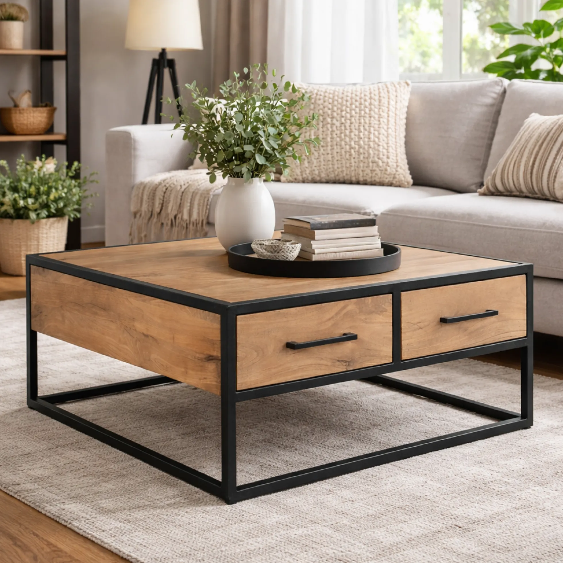 Table basse carrée bois clair métal noir 4 tiroirs RIVANO