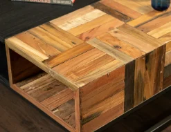 Table basse carrée bois recyclé de bateau métal DUMAI