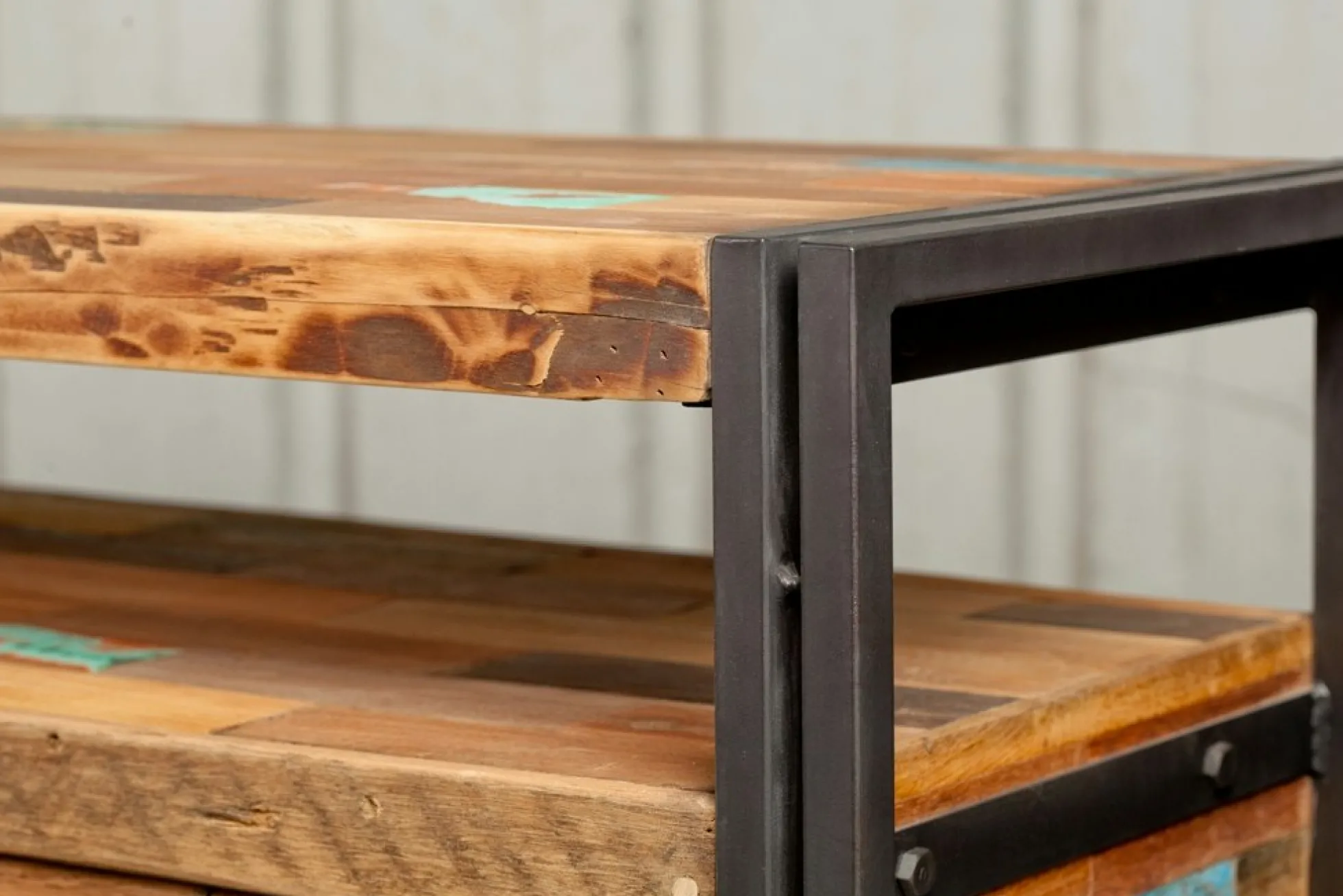 Table basse carrée bois recyclé double plateaux 80x80 CARAVELLE