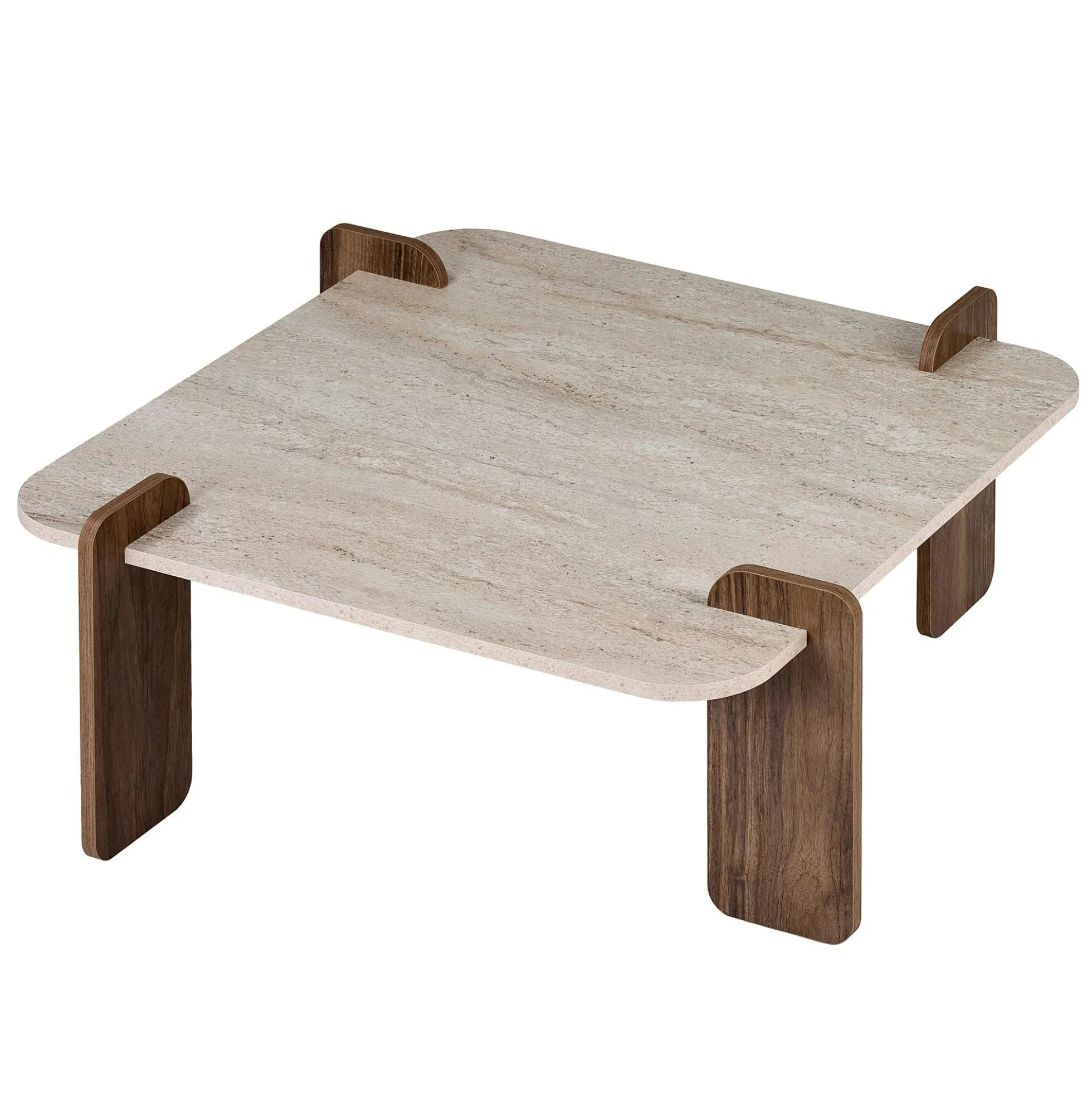 Table basse carrée décor travertin et noyer MARFA