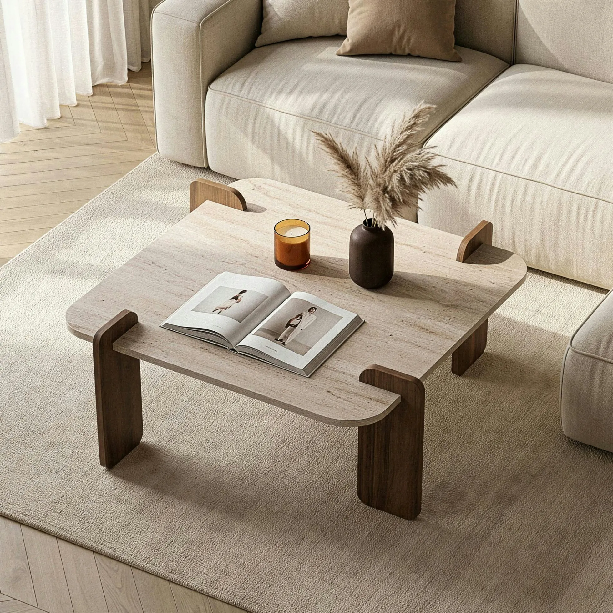 Table basse carrée décor travertin et noyer MARFA