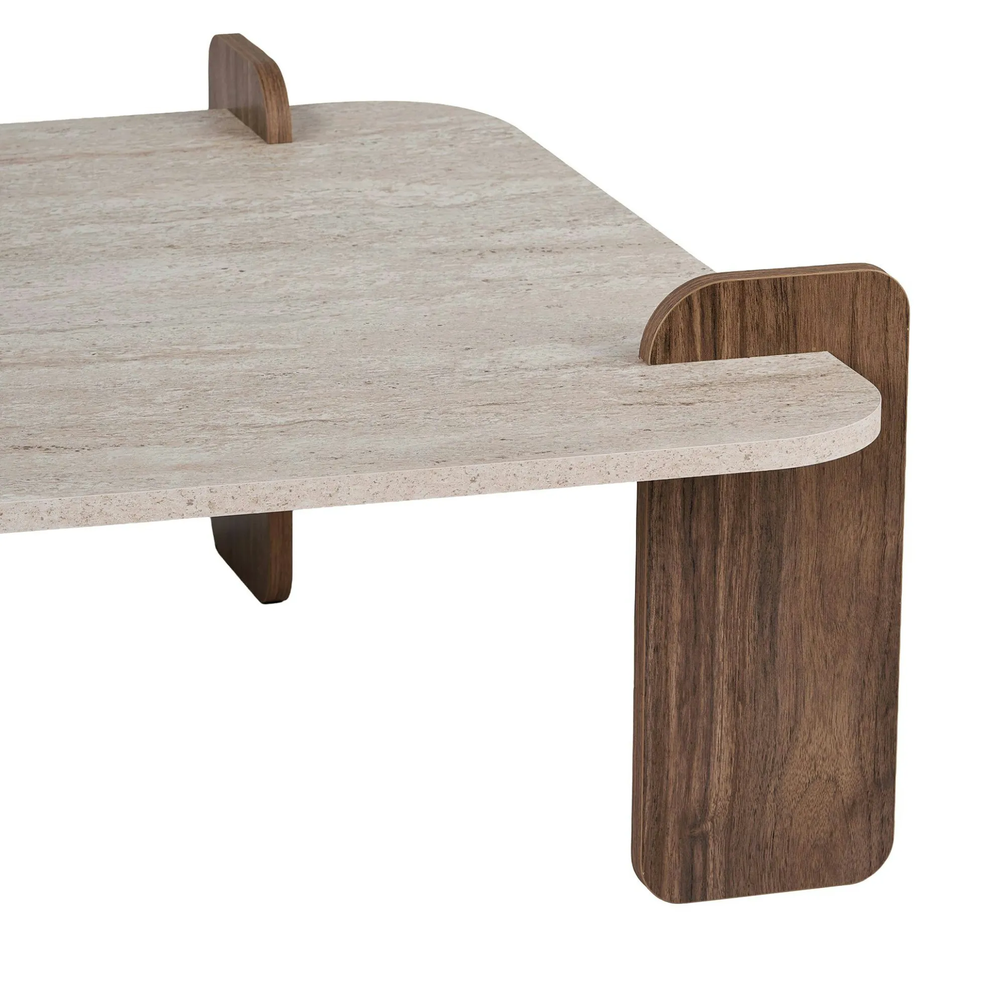 Table basse carrée décor travertin et noyer MARFA