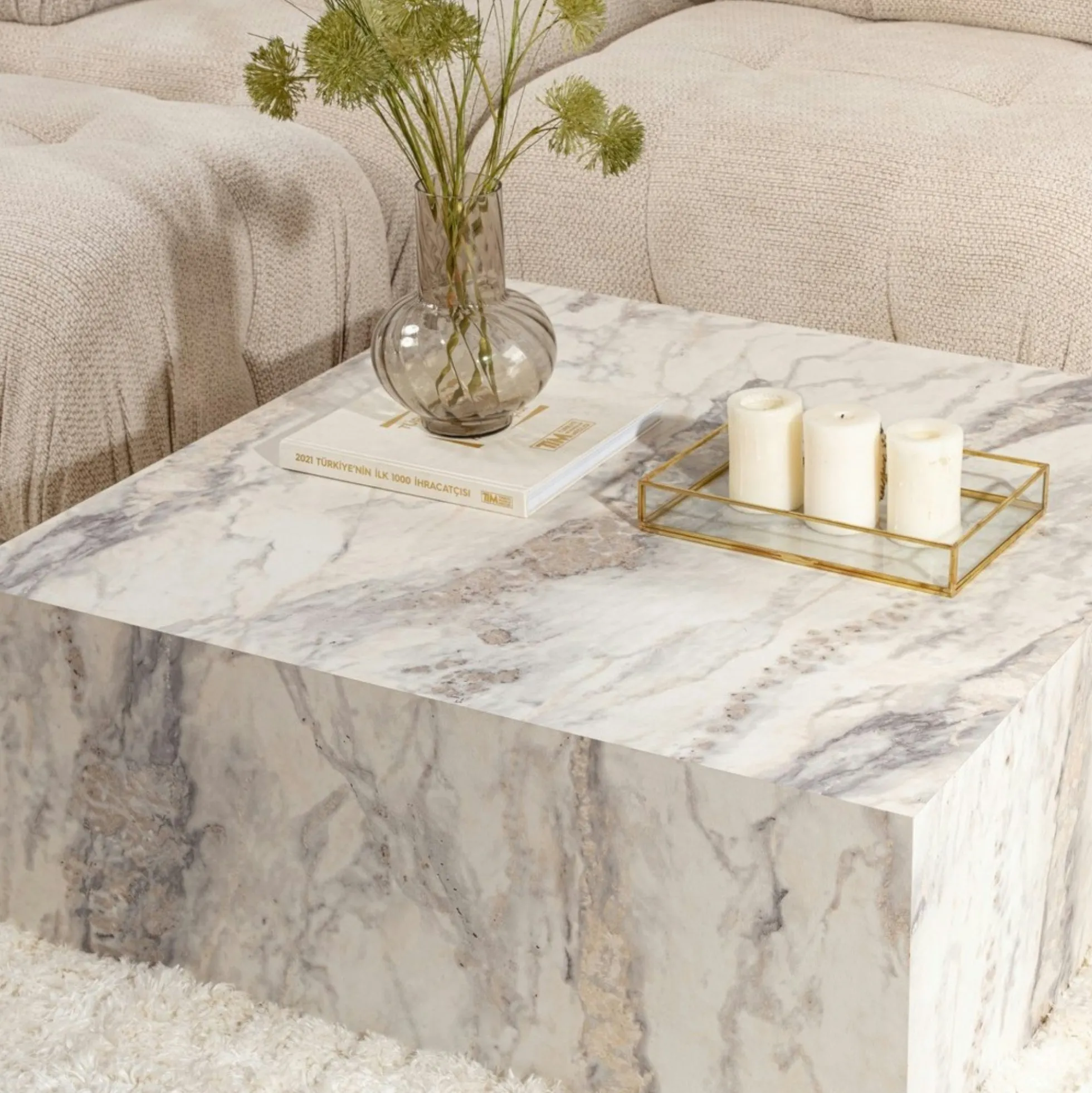 Table basse carrée design effet marbre blanc MARFA