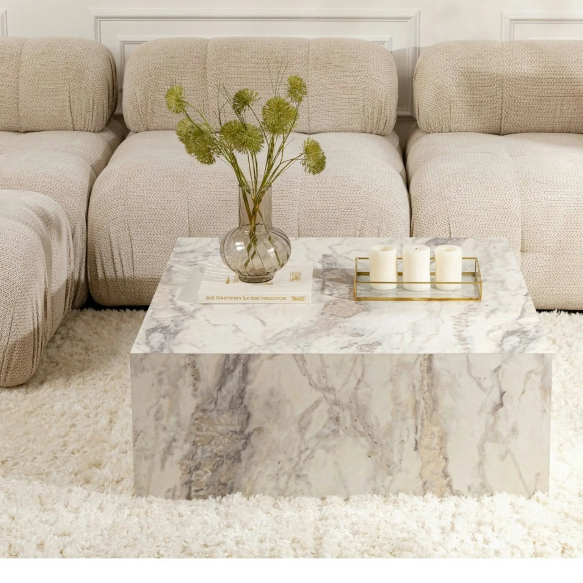 Table basse carrée design effet marbre blanc MARFA