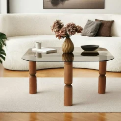 Table basse carrée en verre fumé - pieds bois marron sculpté BOMA