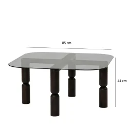 Table basse carrée en verre fumé - pieds bois sculpté BOMA