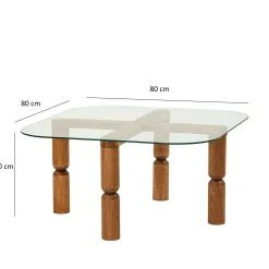 Table basse carrée en verre - pieds bois marron sculpté BOMA