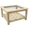 Table basse carrée Hévéa double plateaux - 1 vitré, 1 à croisillons - 80x80x45cm MAORI