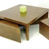 Table basse carrée hévéa + 4 tabourets 110cm OLGA