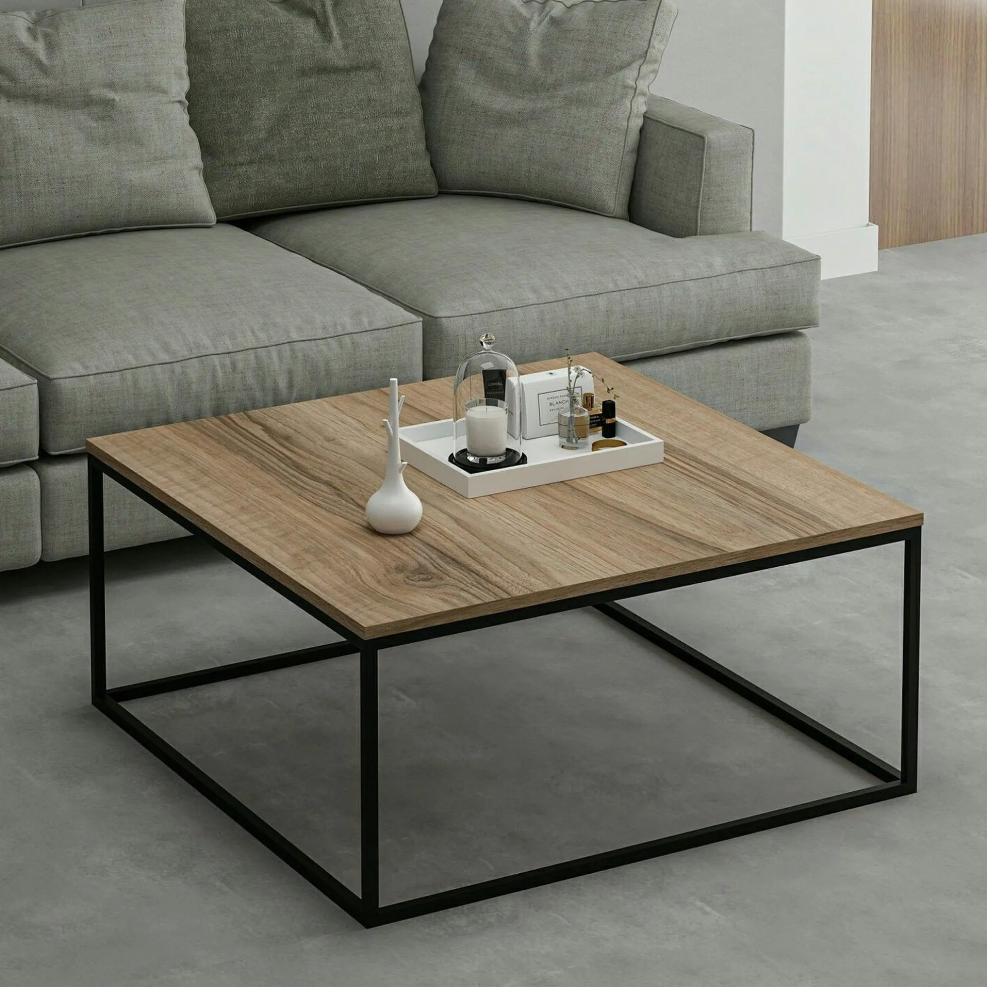 Table basse carrée style minimaliste effet noyer JENA