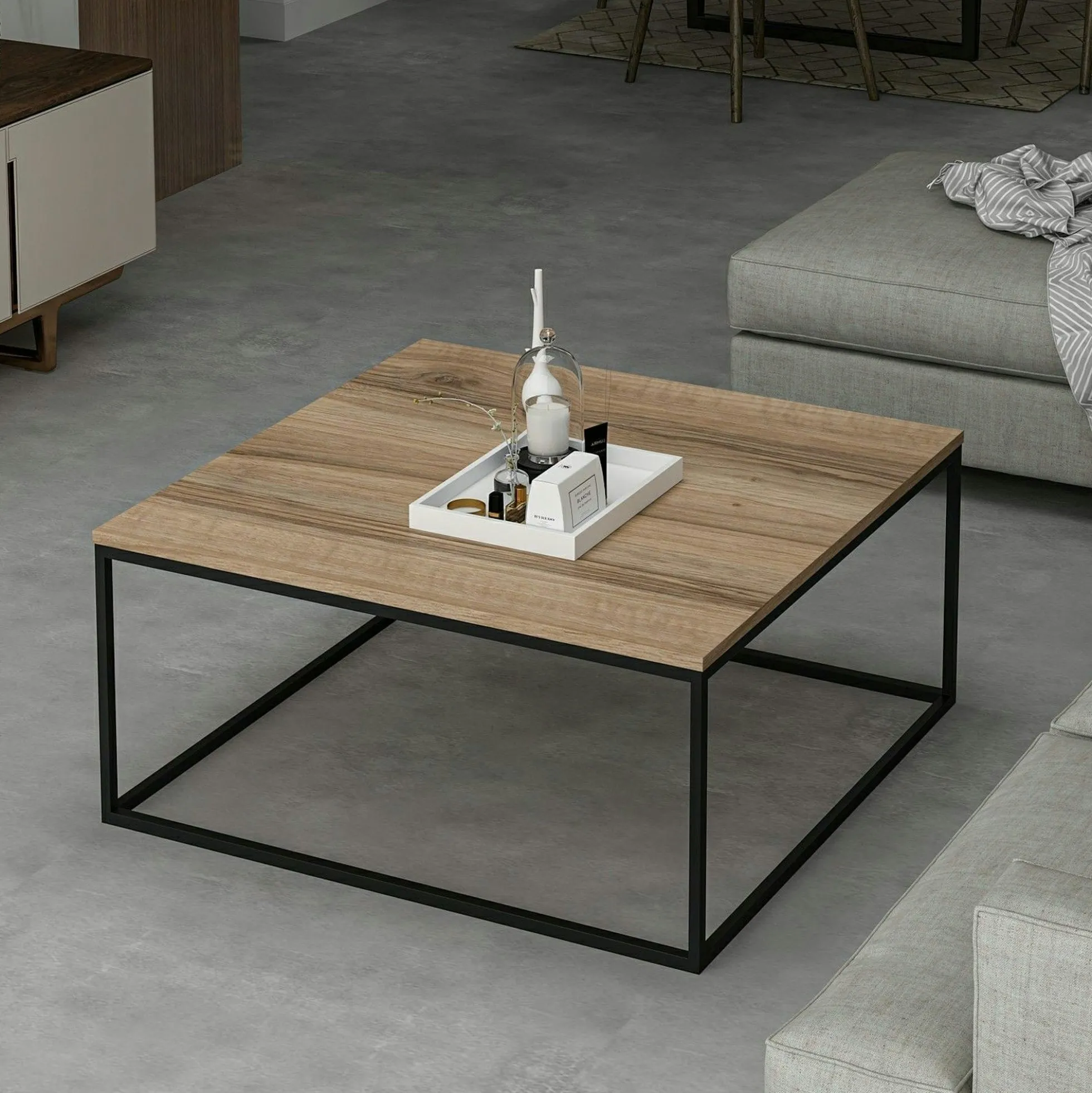 Table basse carrée style minimaliste effet noyer JENA