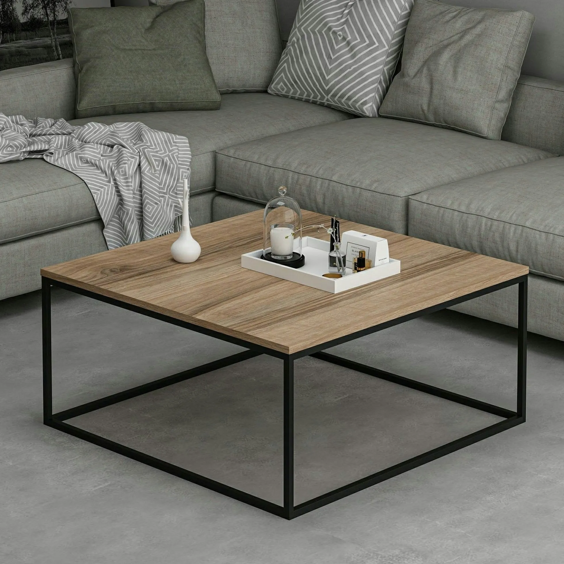 Table basse carrée style minimaliste effet noyer JENA