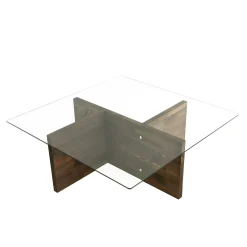 Table basse carrée verre et bois brun - base croisée LHASA