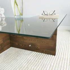 Table basse carrée verre et bois brun - base croisée LHASA