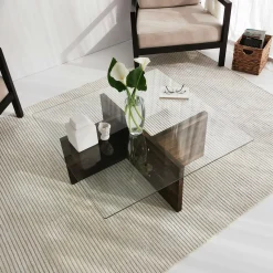 Table basse carrée verre et bois brun - base croisée LHASA
