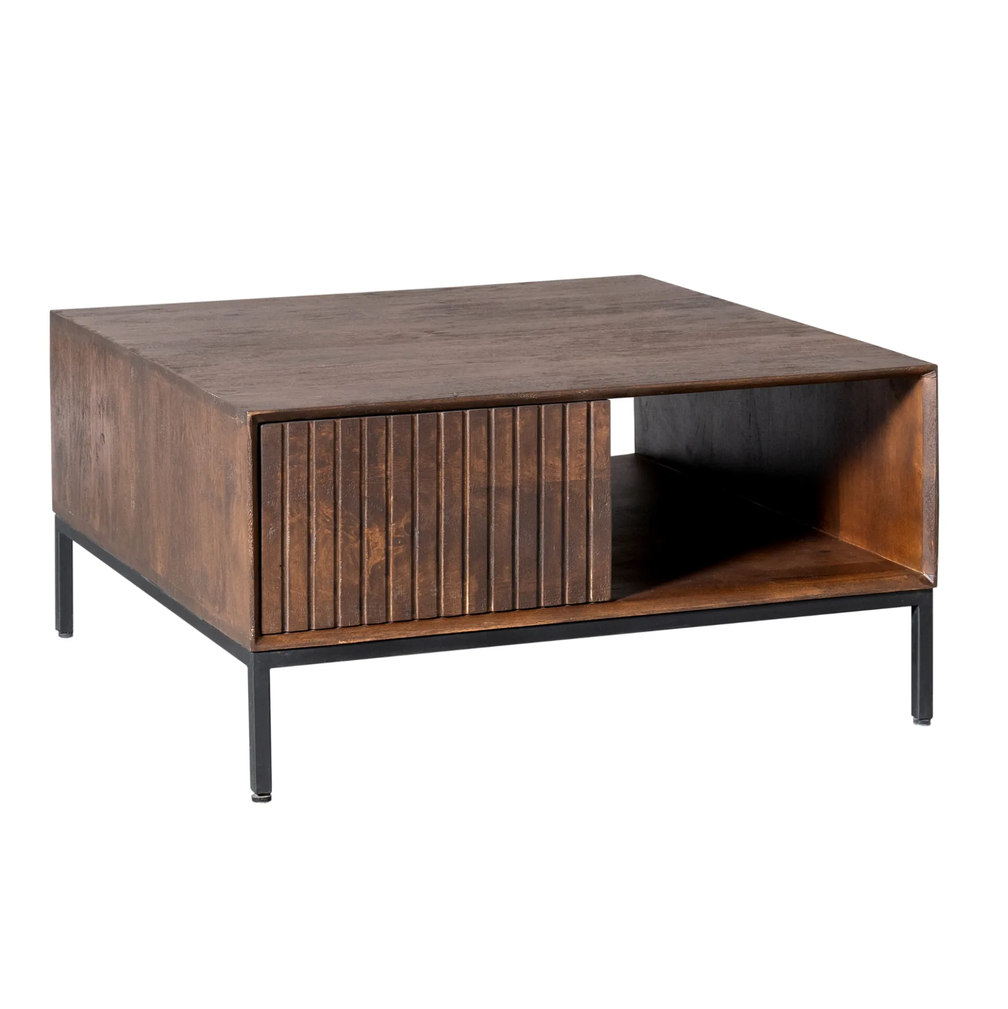 Table basse carrée vintage 2 tiroirs rainurés CORTINA