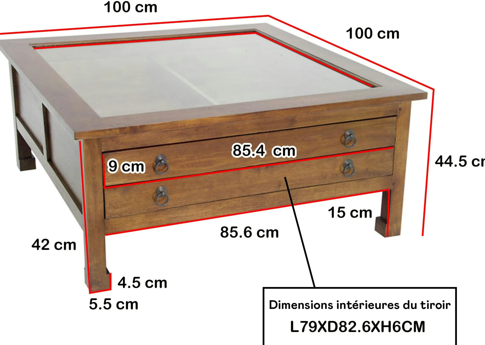 Table basse carrée vitré hévéa 100x100x40cm MAORI