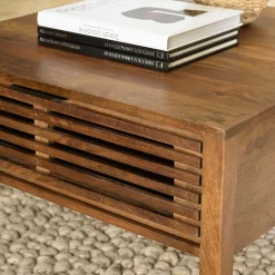Table basse carrée 70x70 cm bois exotique 2 tiroirs opposés KANHA