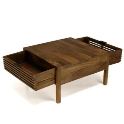 Table basse carrée 70x70 cm bois exotique 2 tiroirs opposés KANHA