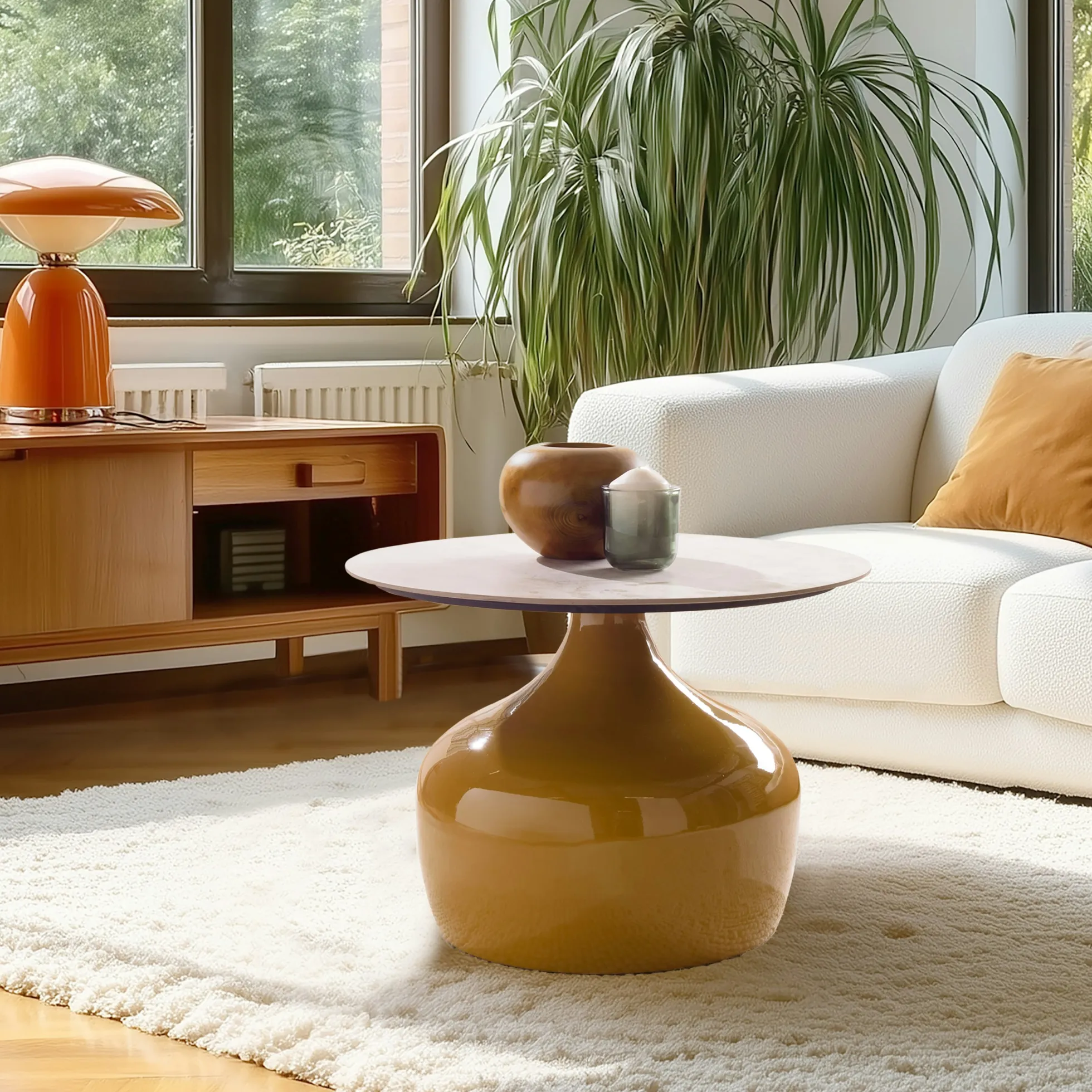 Table basse 60cm plateau en céramique pied fer camel ELORA
