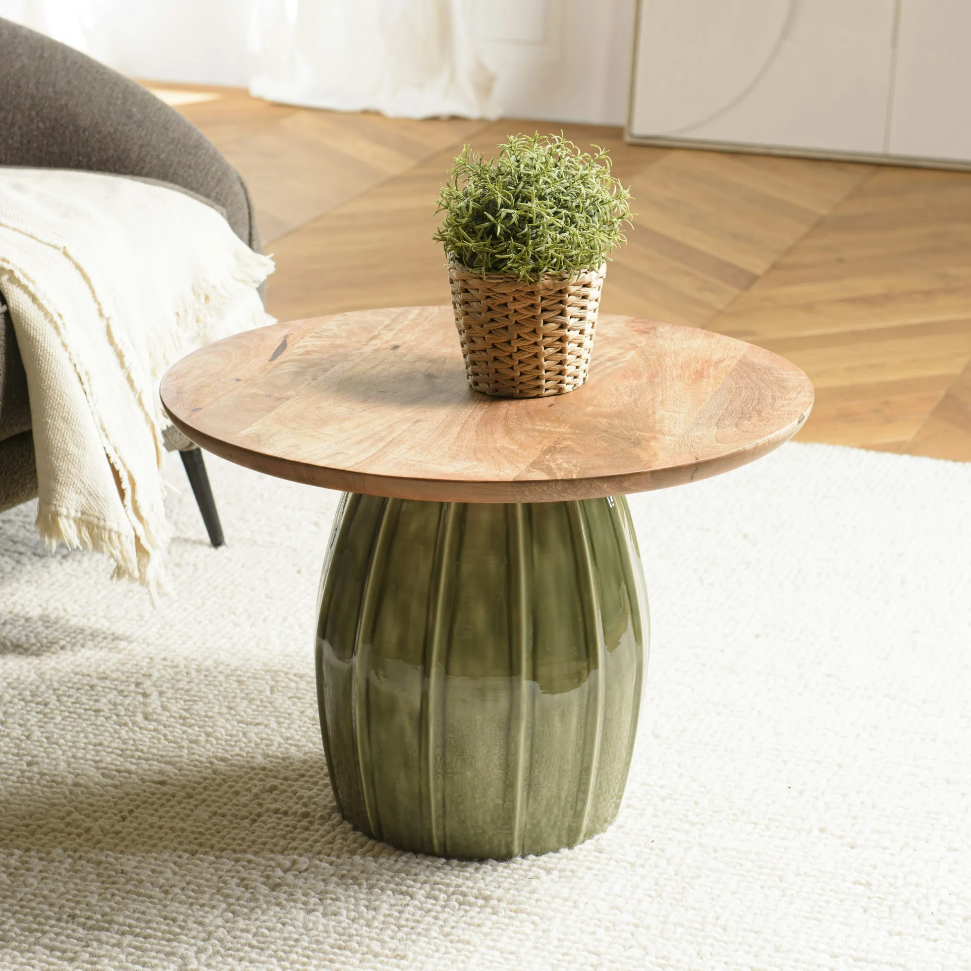 Table basse 60 cm plateau en manguier pied en émail vert TOSCA