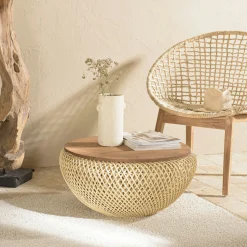Table basse coffre ronde rotin beige et teck recyclé 66 cm SWING